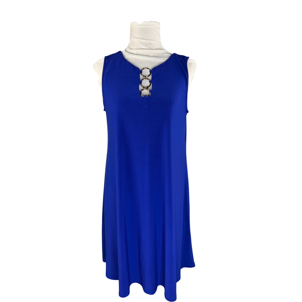 MSK Womens Royal Blue Sleeveless Shift Dress Gold Ring Detail Size M V-Neck